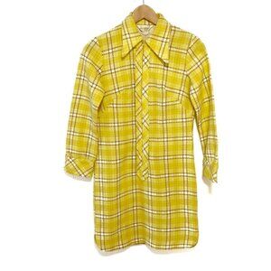 Vintage Stockton Plaid School Girl Dress Long Sleeve Collared Yellow